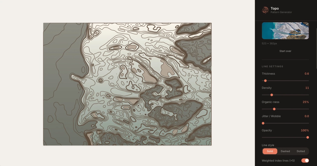Topography Generator turning an aerial river photo into a contour line pattern